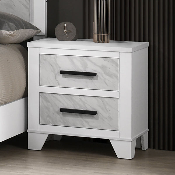 English Elm White Contemporary Nightstand with Faux Marble Inset, Black Bar Pulls, Metal Glide, 23"W x15"D x24"H B2741P406264