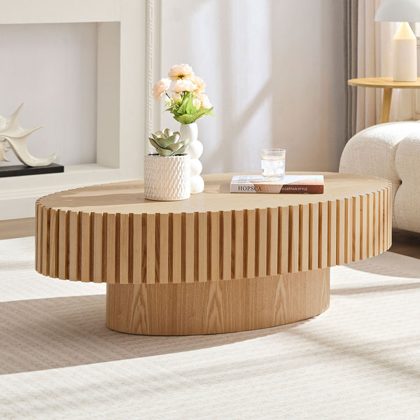 English Elm Modern Ellipse Drum Coffee Table 46.5" x 27.6" Oval Low-Profile Accent Table with Sturdy Pedestal Base, Durable MDF Wood Design Natural Ash W2582P188739
