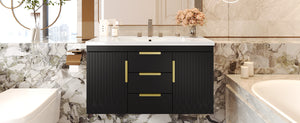 English Elm 36'' Wall Mounted Bathroom Vanity with Sink, Floating MDF Cabinet, 2 Drawers, Rust-Resistant Handles Black N710P253035B