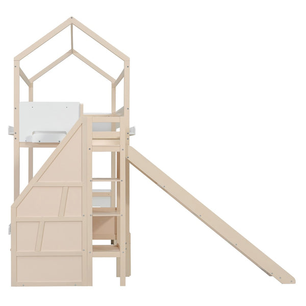 English Elm House-shaped Pine Bunk Bed with Built-in Slide Storage Staircase Twin Over Full Kids Frame Beige+White N820S00082A