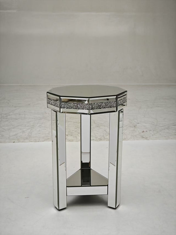 English Elm Mirrored Octagon End Table with Crystal Inlay, 2-Tier Silver Accent Sofa Table for Small Spaces W1005P362467