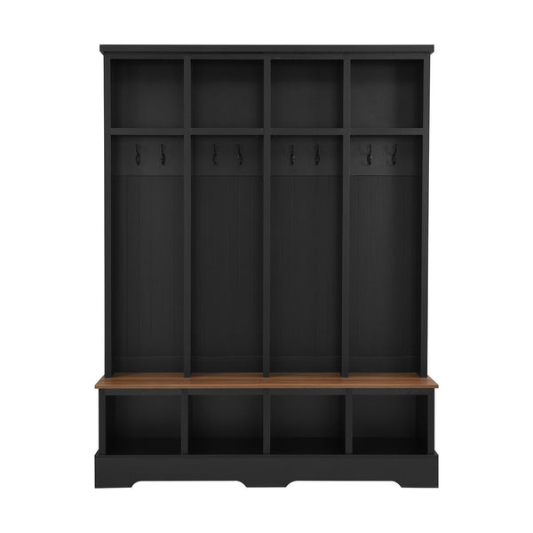 English Elm ON-TREND Farmhouse 59" Wide Hall Tree with 8 Hooks, Rustic Bench & Open Compartments for Organized Entryway Black N721P292601B