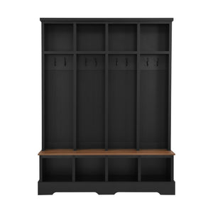 English Elm Farmhouse Hall Tree with Triple Arch Back Panel Eight Hooks Drawers and Entryway Bench Black N721S000075B