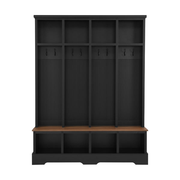 English Elm Farmhouse Hall Tree with Triple Arch Back Panel Eight Hooks Drawers and Entryway Bench Black N721S000075B