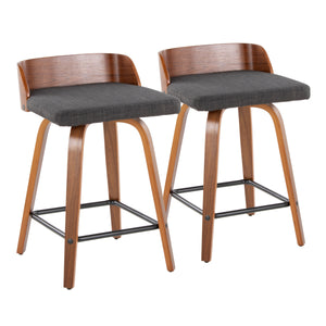 English Elm Maya 24" Mid-Century Counter Stool Set of 2 — Swivel Walnut Wood Frame, Charcoal Fabric, Square Footrest B202S00078