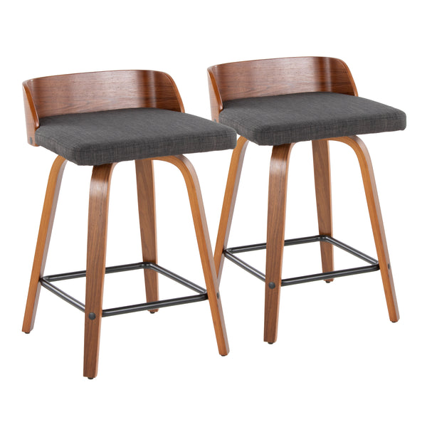 English Elm Maya 24" Mid-Century Counter Stool Set of 2 — Swivel Walnut Wood Frame, Charcoal Fabric, Square Footrest B202S00078