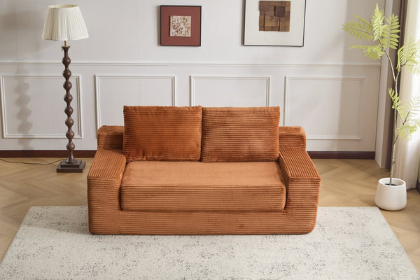 English Elm Loveseat Corduroy Bean Bag Sofa Bed with Memory Foam, Reversible Cushions, Plush Bolsters, No Assembly Required Orange W3723P346937