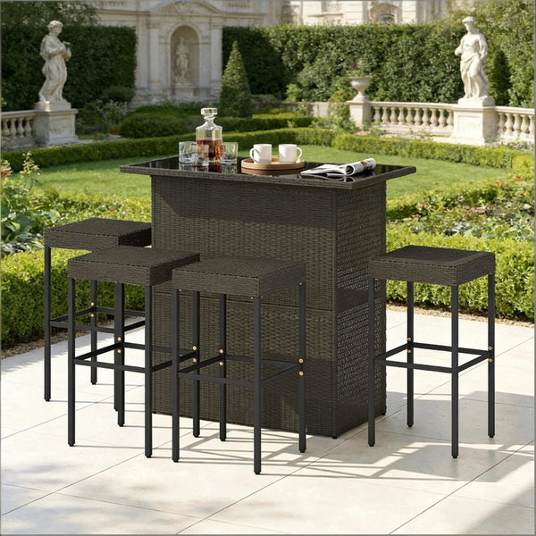 English Elm Bar Height Outdoor Wicker Patio Set with Tempered Glass Table and Four Stools Dark Brown T3971S00212