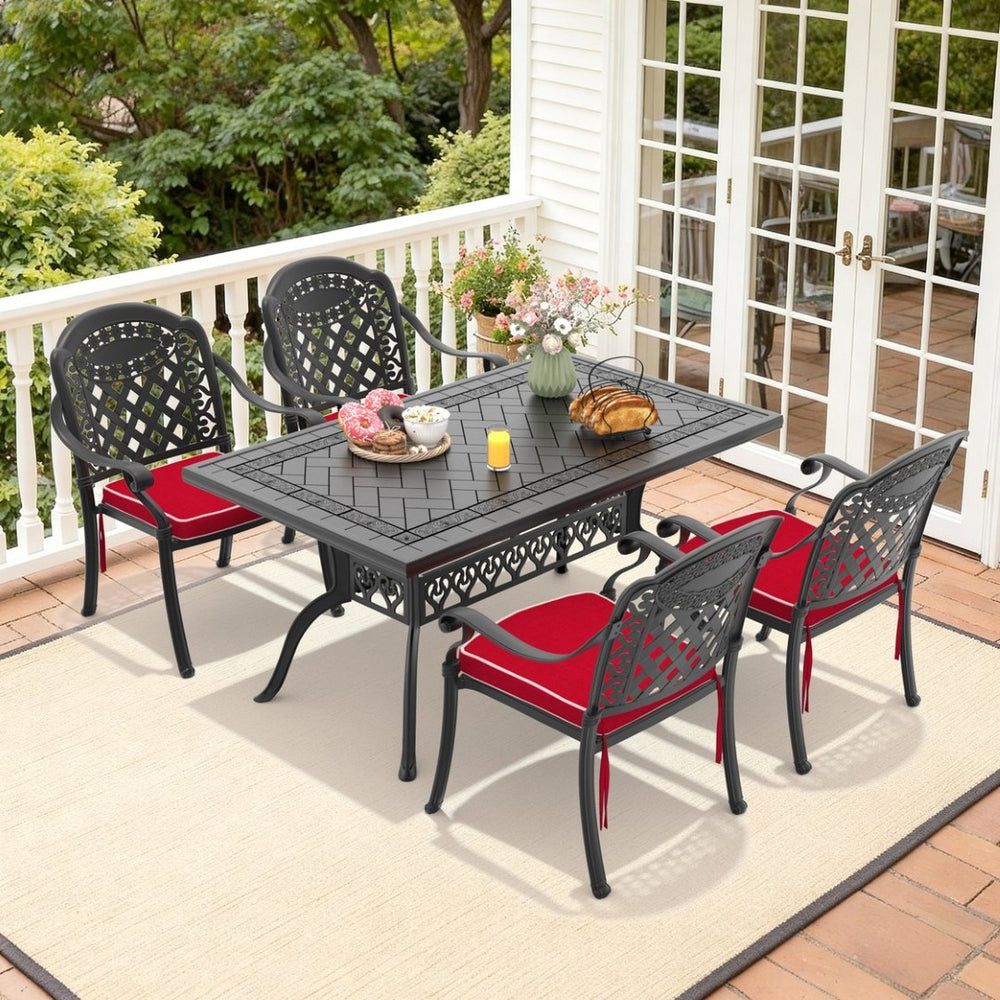 English Elm 5-piece Cast Aluminum Outdoor Dining Set Ornate Relief Patterned Chairs with Cushions W1710S00573