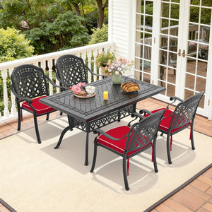 English Elm 5-piece Cast Aluminum Outdoor Dining Set Ornate Relief Patterned Chairs with Cushions W1710S00573