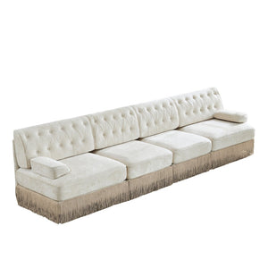 English Elm 135" Modular Chesterfield Sectional Velvet Tufted Sofa with Tassel Skirt for Lounge Rooms Beige W714S01688