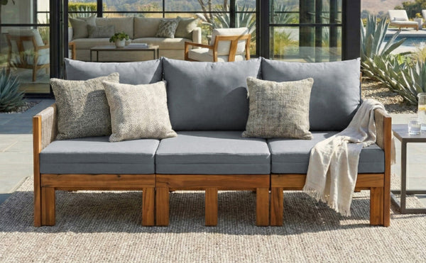 English Elm Outdoor Acacia Wood Dining Set Seats Six with Cushioned Armrest Chairs for Patio Grey,Natural Wood N719Z000220E