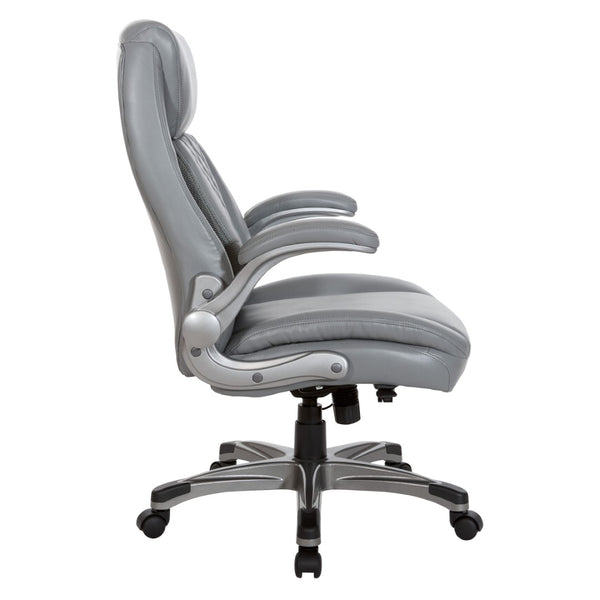OSP Home Furnishings Executive Tufted Bonded Leather Office Chair with Lumbar Support and Flip up Arms Grey ECH75137-EC2