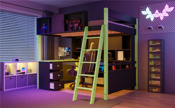 English Elm Full Size Gaming Loft Bed with Led Lighting Desk Drawers and Display Shelving Green LT000263AAF