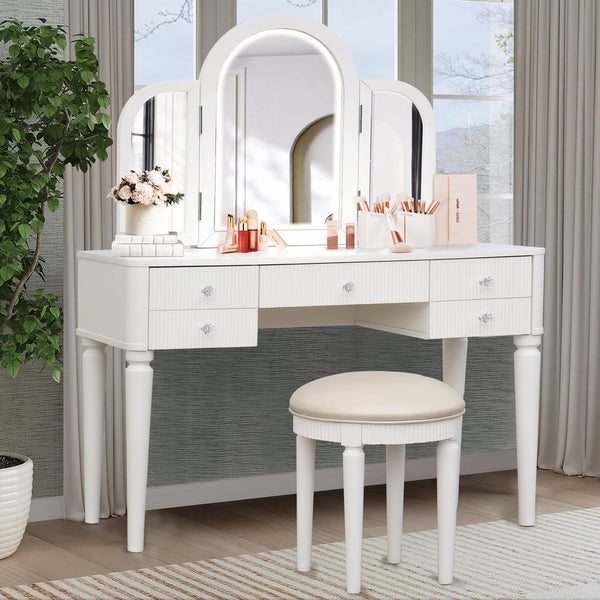 English Elm AGODY Mirrored Vanity with LED Light and Solid Rubber Wood Frame, Skin-Friendly PU Seat for Bedroom Antique White W2170P208420