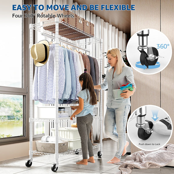 English Elm Heavy Duty Rolling Garment Rack Three Tier Wire Shelving with Hooks for Closet W5386P503916