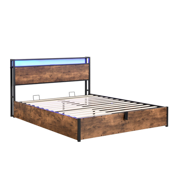 English Elm Lift-Up Storage Bed Frame - Stylish Queen Platform Bed With Charging Station, Led Lights & Bookcase Headboard W1916P184705