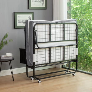 English Elm Folding Bed with Memory Foam Mattress, 75"x38" Rollaway Guest Bed on Wheels, 350lb Capacity, Compact Storage W1422P177281