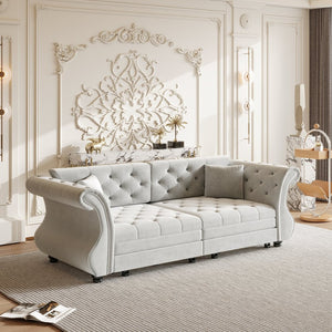 English Elm 83.8" Chesterfield Sleeper Sofa Velvet Upholstered with Flower Tufting for Living Room Light Grey W1885S00401
