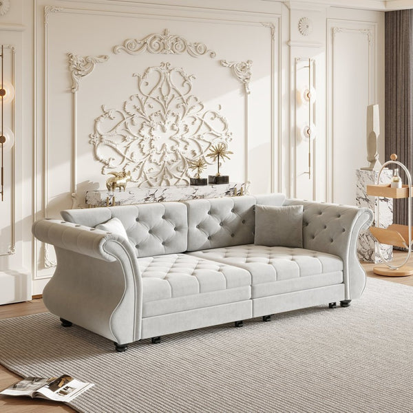 English Elm 83.8" Chesterfield Sleeper Sofa Velvet Upholstered with Flower Tufting for Living Room Light Grey W1885S00401