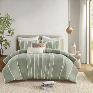 English Elm Full/Queen Boho Striped Cotton Duvet Cover Set with Green Clip Jacquard Trim, OEKO-TEX, Machine Washable B035P217804