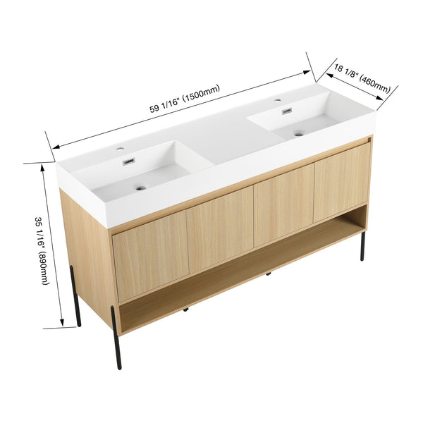 English Elm 60" Oak Bathroom Vanity Combo with Resin Basin, 4-Door Storage, Multi-Layer Wood Frame, Modern Elegance W1972S00011