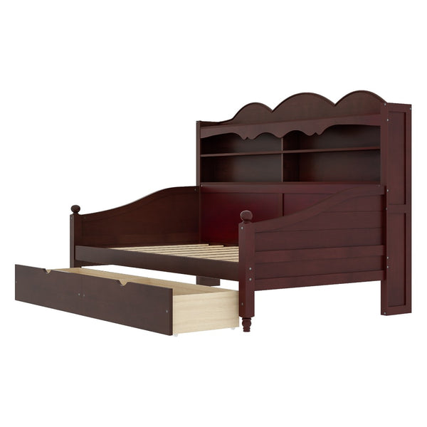 English Elm Twin Daybed Retro Wood Frame with Under Bed Drawers and Headboard Shelving Espresso N733S415358P