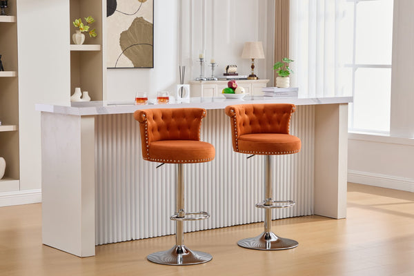 English Elm COOLMORE Velvet Bar Stool with Anti-Slip Large Base, Adjustable 360° Swivel, Plush Foam Comfort Orange W1539P320509