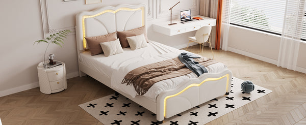 English Elm Twin Upholstered Platform Bed with Curved Headboard, Adjustable Heights, Sturdy Pine Frame, LED Accent Lights White WF323748AAK