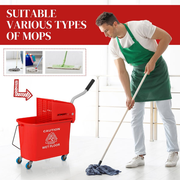 English Elm Homcom Rolling Mop Bucket 21 Quart with Wringer and Dual Chamber Water Separation W2225P217084