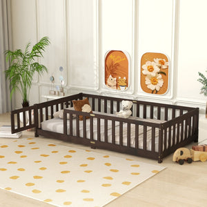 English Elm Twin Low Profile Rubberwood Floor Bed with Full Safety Fence for Toddler Rooms Espresso W504P429279