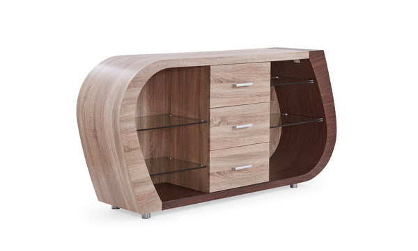 English Elm TONY Buffet in Brown Beige Oak Finish – Contemporary Solid Wood & MDF Sideboard with Glass, 3 Drawers, Open Shelves and Spacious Storage B201P215785