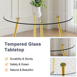 English Elm A Modern Minimalist Style Round Transparent Tempered Glass Table With Gold Metal Legs, Paired With 4 Modern Pu Leather High-Back Dining Chairs, Bring A Luxurious Experience.