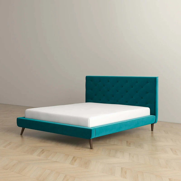 English Elm Ashcroft Furniture - Dillon Blue Velvet Platform Bed Queen with Button Tufted Headboard, Mid-Century Tapered Legs, No Box Spring Needed B183S00162