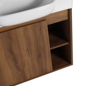 English Elm 24'' Wall-Mounted Bathroom Vanity with White Ceramic Sink, Soft-Close Door, Open Shelves, Moisture-Resistant Finish W999P263406