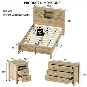English Elm 3-Pieces Bedroom Set Full Size Farmhouse Platform Bed with Storage Headboard, Nightstand & Dresser Natural 59.25 L x 18.31 W x 8.27 H N733S369048M