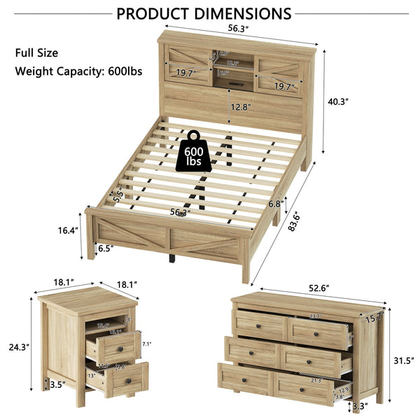 English Elm 3-Pieces Bedroom Set Full Size Farmhouse Platform Bed with Storage Headboard, Nightstand & Dresser Natural 59.25 L x 18.31 W x 8.27 H N733S369048M