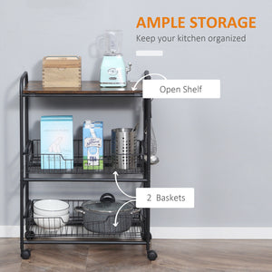 English Elm HOMCOM Rustic Brown 3-Tier Rolling Kitchen Cart with 2 Pull-Out Baskets, Side Hooks & Brake Wheels W2225P217410
