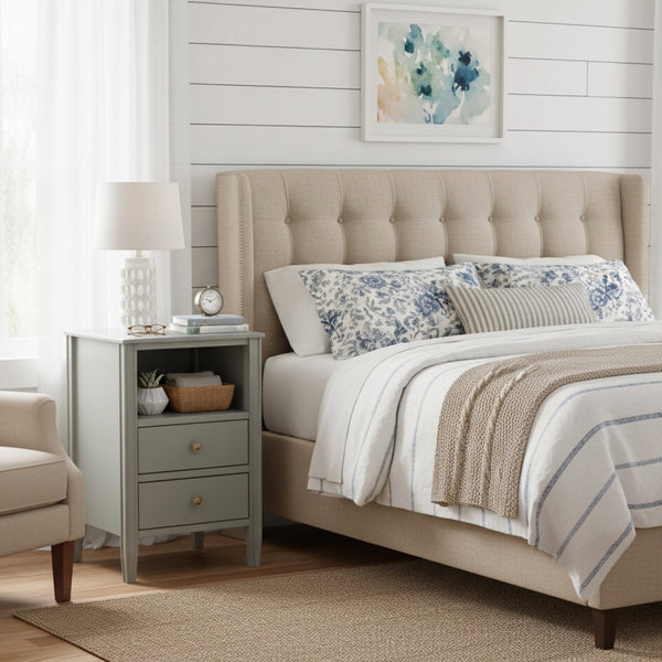 English Elm Winston 2-Drawer Storage Nightstand with Brushed Gold Knobs, Open Shelf, Fluted Legs, No Assembly Antique Grey B050P376956