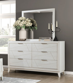 English Elm Antique Asteria Six-Drawer Dresser with Oak Veneer, Black Metal Bar Handles and Modern Geometric Flair Antique White 65 L x 21.5 W x 39.25 H B011P286904