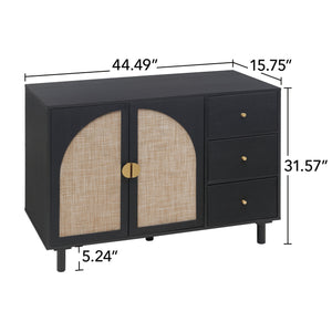 English Elm 2 Door 3 Drawer Cabinet with Engineered Rattan Finish, Pine Feet, Metal Semi-Circle Handles, Durable Black W688134396