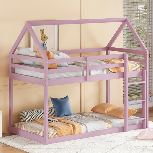 English Elm Twin Rubber Wood Floor Bunk Bed House-Shaped Design with Ladder Guardrails Sturdy Low-Profile Retreat Pink W504P206867