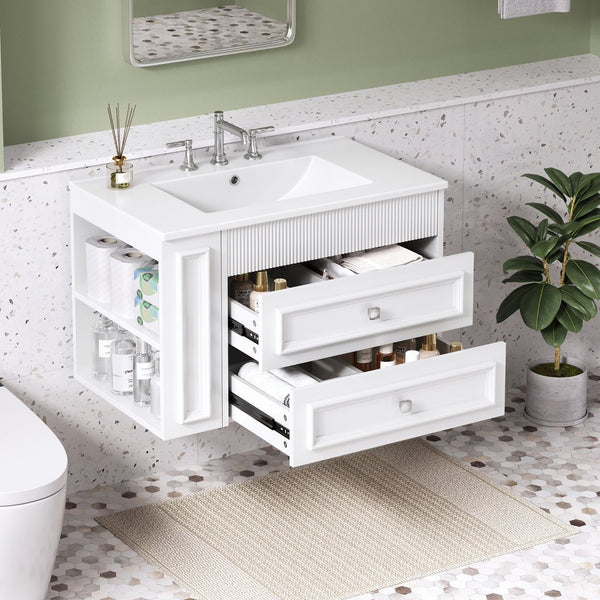 English Elm 30'' Wall Mounted Bathroom Vanity with Ceramic Sink, Floating MDF Cabinet, Soft-Close Drawers & Ample Storage White N710P334915K