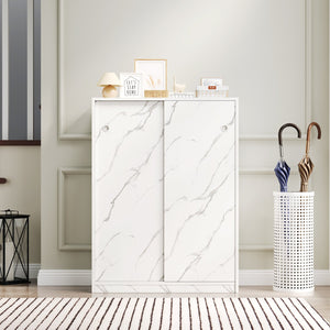 English Elm Marble 6-Tier Sliding Door Shoe Cabinet, Space-Saving Entry Storage for 30+ Pairs with Adjustable Shelves W1320P191410