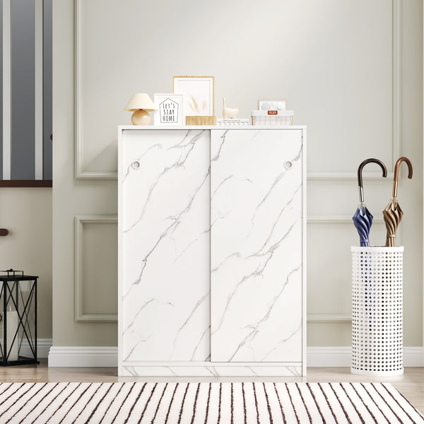 English Elm Marble 6-Tier Sliding Door Shoe Cabinet, Space-Saving Entry Storage for 30+ Pairs with Adjustable Shelves W1320P191410