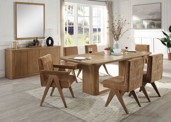 English Elm Zoey 7-Piece Light Oak Dining Set with Upholstered Chenille Chairs & Sturdy Rectangular Pedestal Table B2726S00552