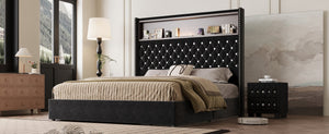 English Elm Queen Velvet Tufted Wingback Platform Bed Tall Headboard with Usb Charging Shelf Black N733P367135B