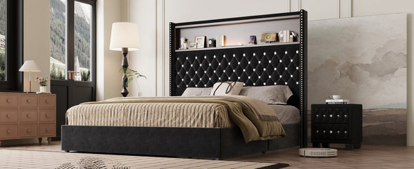 English Elm Queen Velvet Tufted Wingback Platform Bed Tall Headboard with Usb Charging Shelf Black N733P367135B