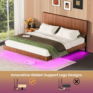 English Elm Oak Queen Floating Bed Walnut Finish Wavy Headboard Led Lighting Built in Charging W1820P408090