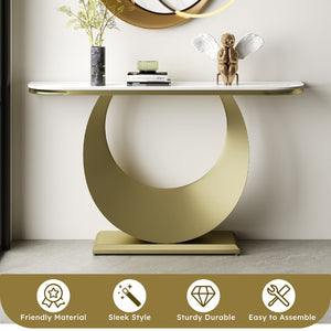 English Elm Premium Faux Marble Half Moon Console Table Gold Base Narrow Entryway Accent W2700S00084